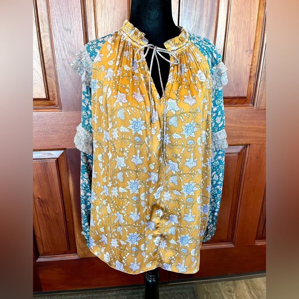 Current Air Anthropologie Ruffle Neck /sleeve Tie Split V Neck  Blouse Top  XS